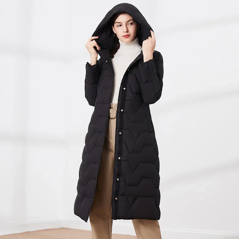 2020 Winter New Women's Fashion Temperament Large Knee Length Hooded Solid White Duck Down Jacket