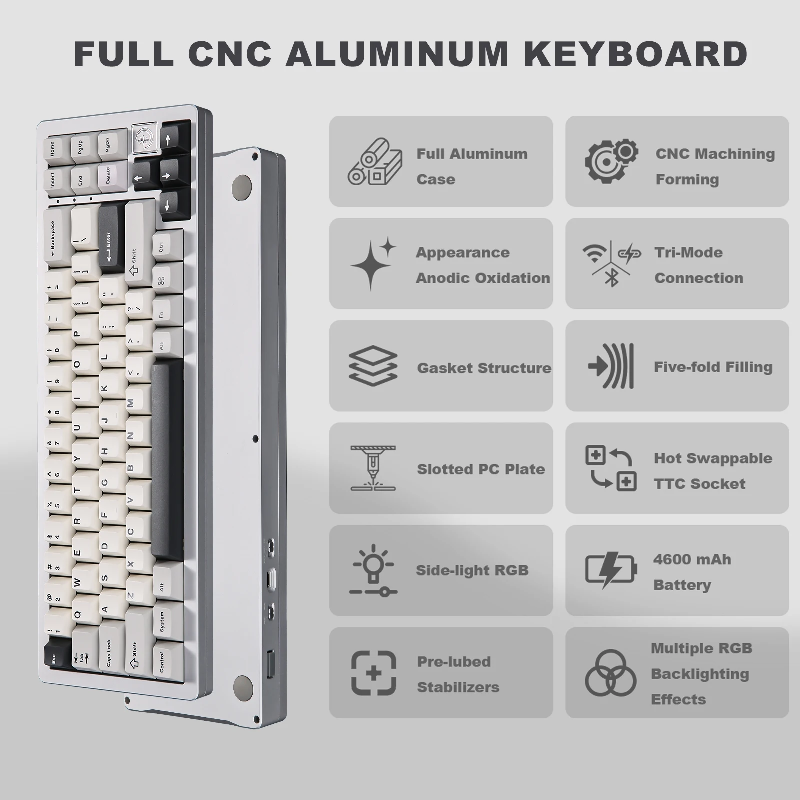 YUNZII AL71 White 68% 71 Key Full CNC Aluminum Hot Swappable Gasket 2.4GHz Wireless BT5.0/USB-C Wired Mechanical Gaming Keyboard