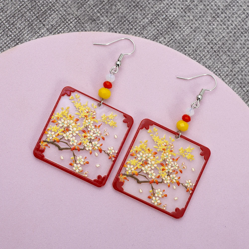 Fashion Ethnic Style Branches Flower Translucent Geometric Square Earrings Acrylic  For Women Vintage Color Matching Red Jewelry