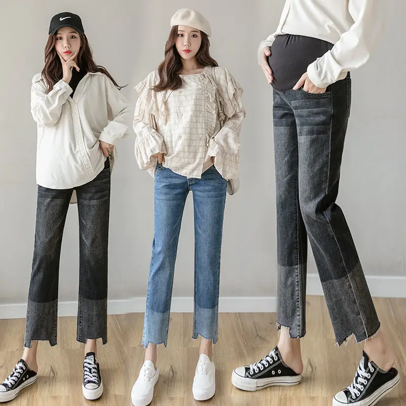 Pregnant women straight with jeans new pregnant women show thin elastic jeans spring and autumn casual belly support wide leg ni