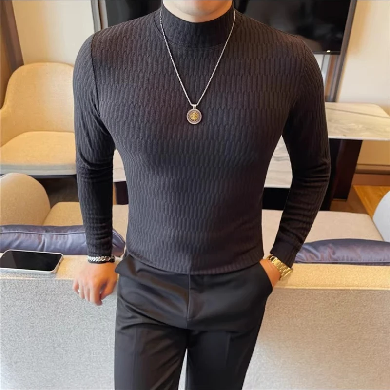 

2025 Мужская повседневная футболка с высоким воротником и длинными рукавами, осень-зима, тонкая эластичная базовая рубашка, универсальный деловой светский пуловер