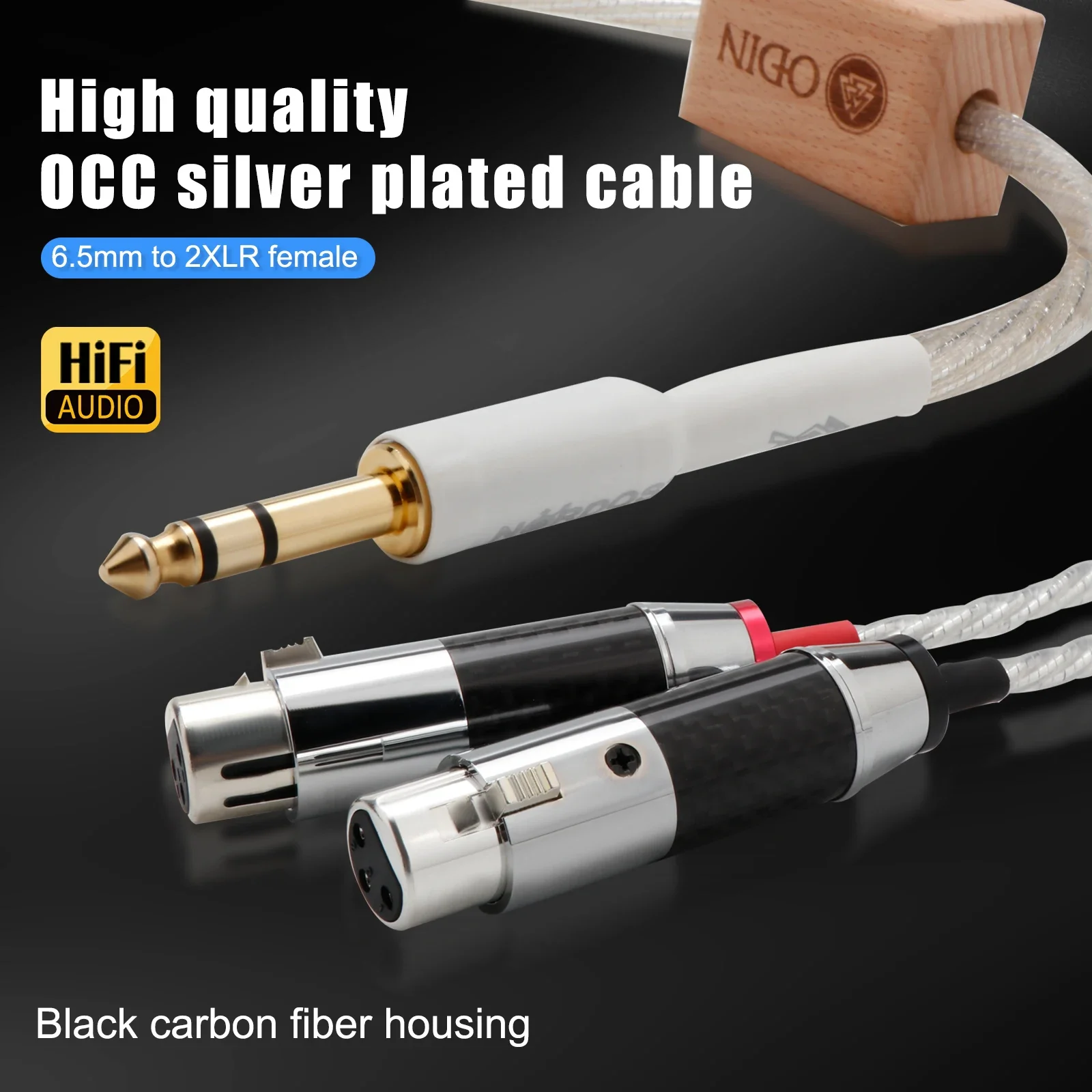 HiFi 6.5mm to Dual XLR Female Audio Cable - OCC+Pure Silver Conductor with Gold-Plated Plug and Carbon Fiber Connectors for High