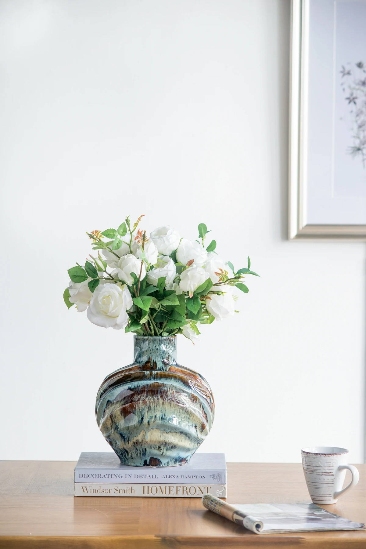 Blue and Brown Reactive Glazed Accent Vase This Vase Boasts an Intriguing Blend of Blue and White Colors Across the Curved