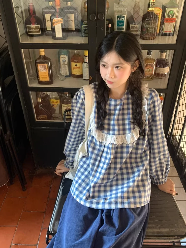 

Early Spring Chic Plaid irt round Ne Lace Trimmed Doll Sle Korean Loose Fit Long Sve Korean Faion College Sle