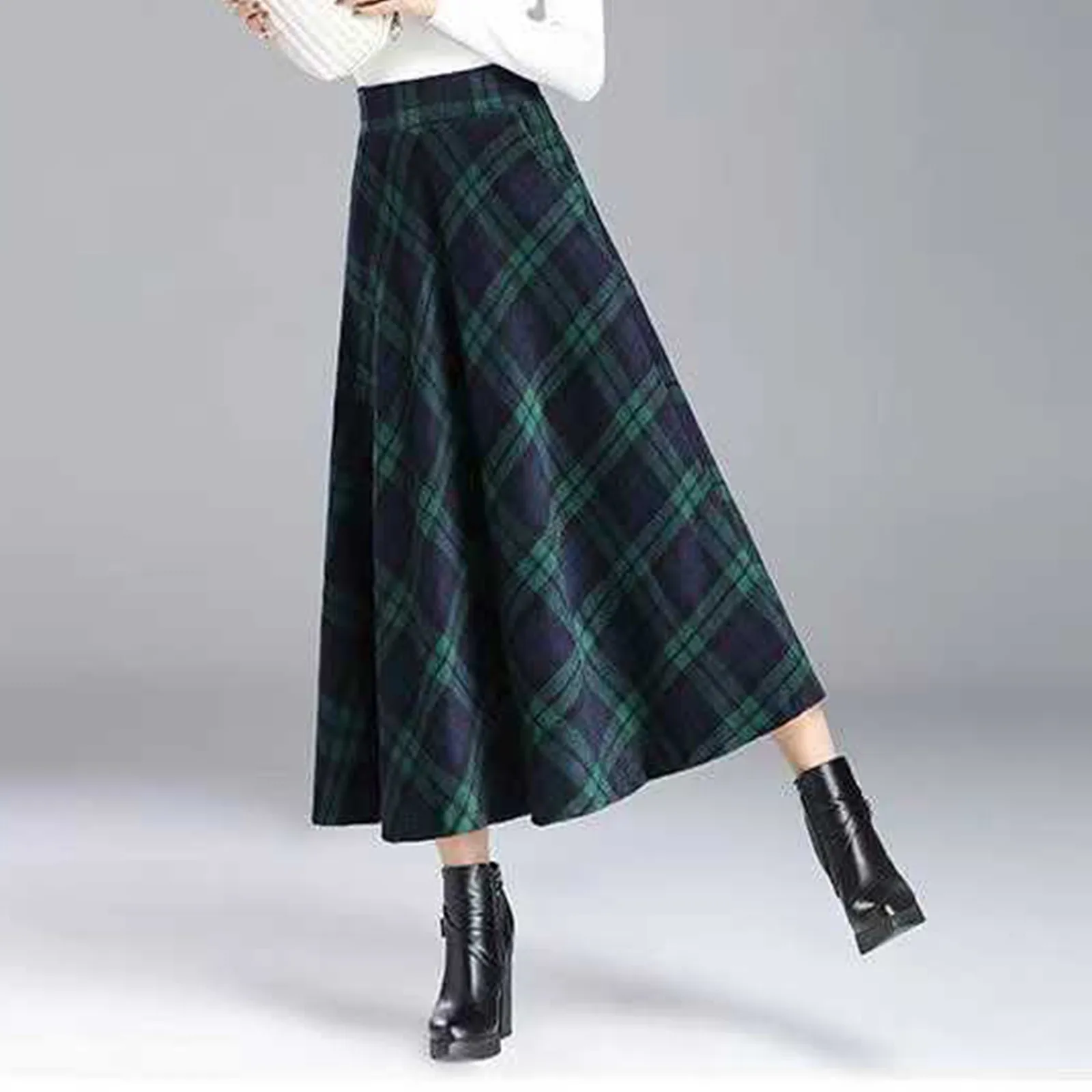 Rok wol wanita kotak-kotak pinggang tinggi elastis A Line rok panjang Tartan berlipat pakaian luar rok elegan wanita musim gugur musim dingin