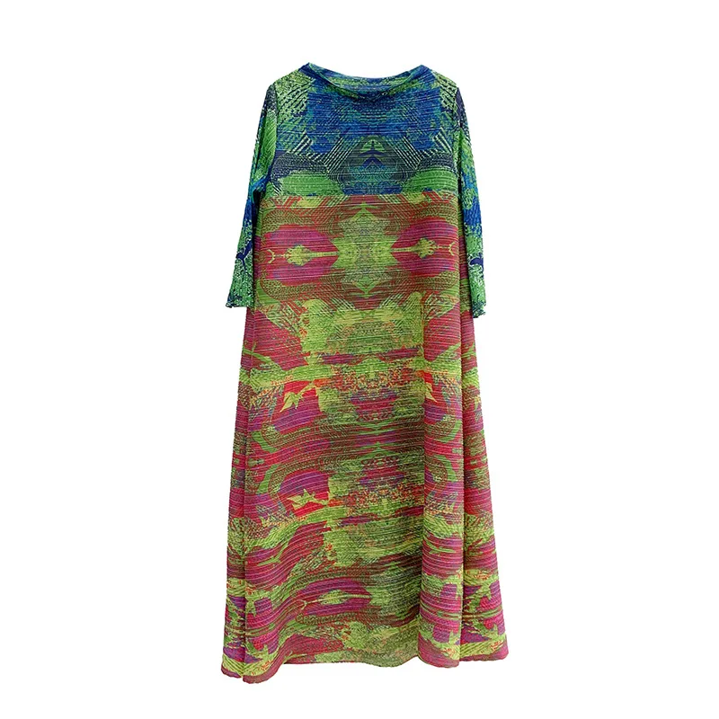 Miyake Pleated Print Dress 2023 Autumn/Winter New One Line Neck Pleated 7/4 Sleeve Loose Long Dress