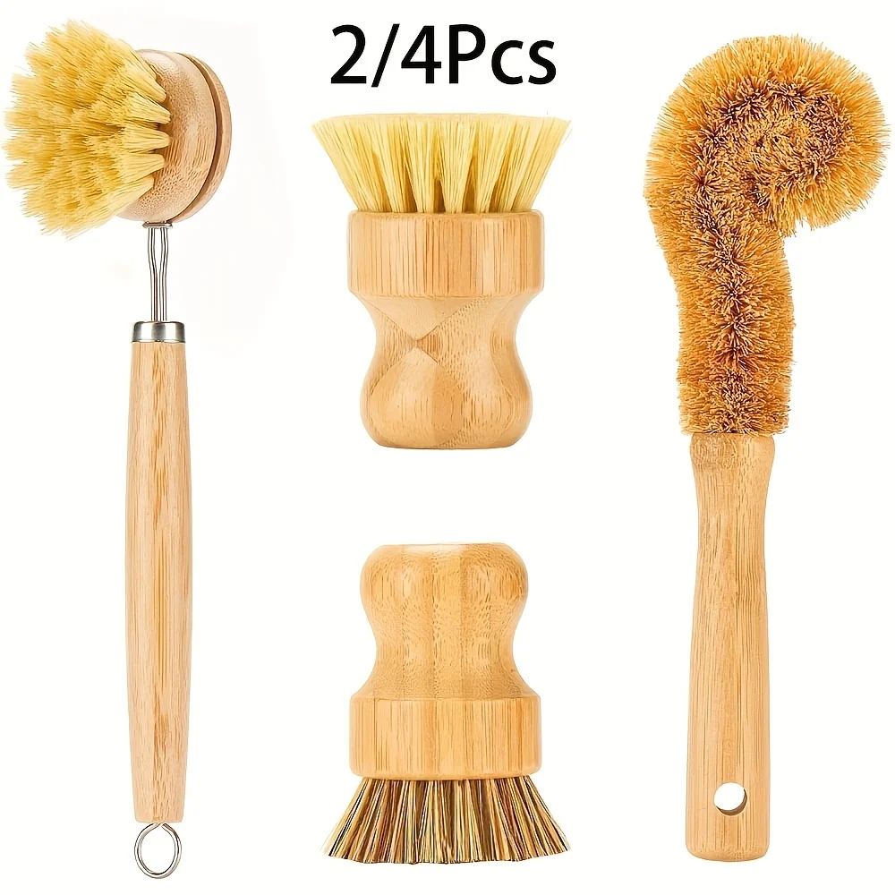 2/4 pces escova de pote de palma-bambu redondo 3 pacotes mini escova de prato natural esfrega escova durável purificador kit de limpeza com fibra de união