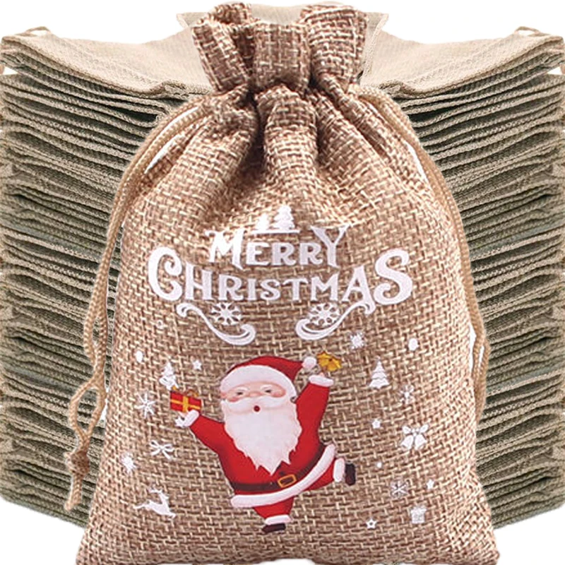 Christmas Drawstring Bag for Xmas Party Linen Cartoon Santa Claus Snowman Candy Gifts Cases Packaging Storage Pouches Boxes