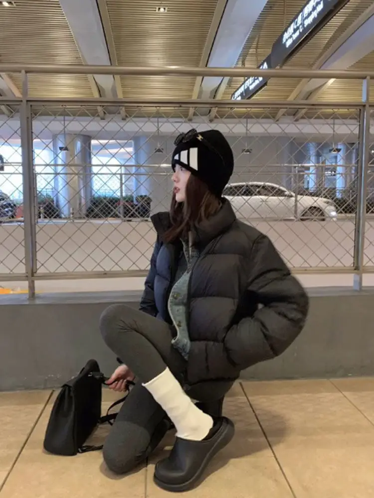 겨울 여성용 따뜻한 크롭 재킷 Y2K 럭셔리 디자인 방풍 코트 두꺼운 파카 긴팔 탑 푸퍼 재킷 블랙 브라운