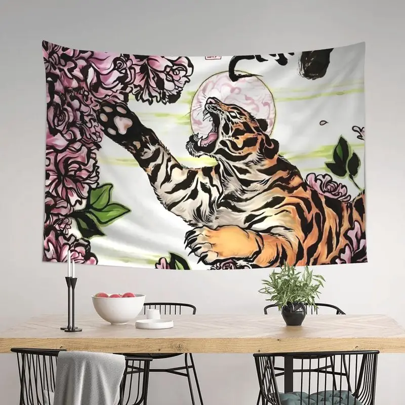 Japanese Ukiyo-e Tiger Tapestry, Roaring Tiger and Peony Wall Hanging, Oriental Art Decor for Living Room and Home Backdrop