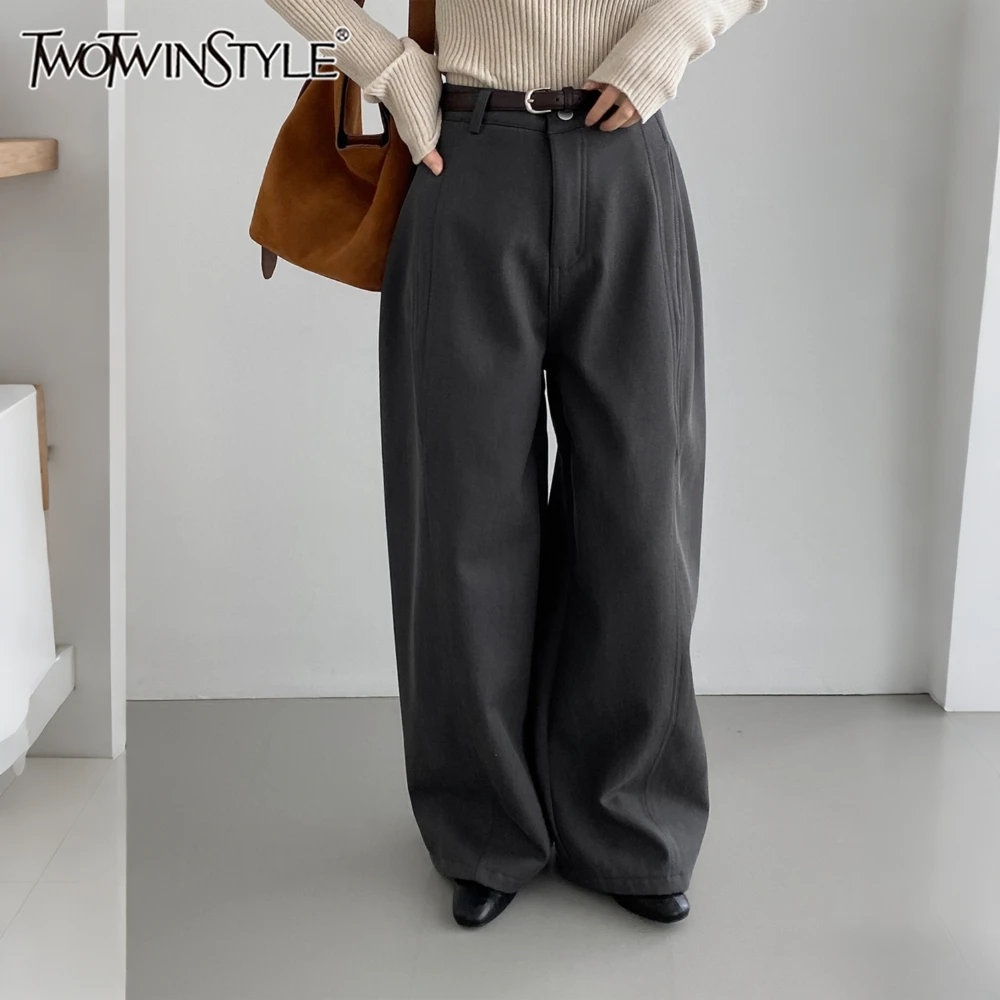 TWOTWINSTYLE Solid Spliced Sashes Korean Trousers Female High Waist Loose Vintage Casual Women's Wide Leg Pants Autumn Fashion