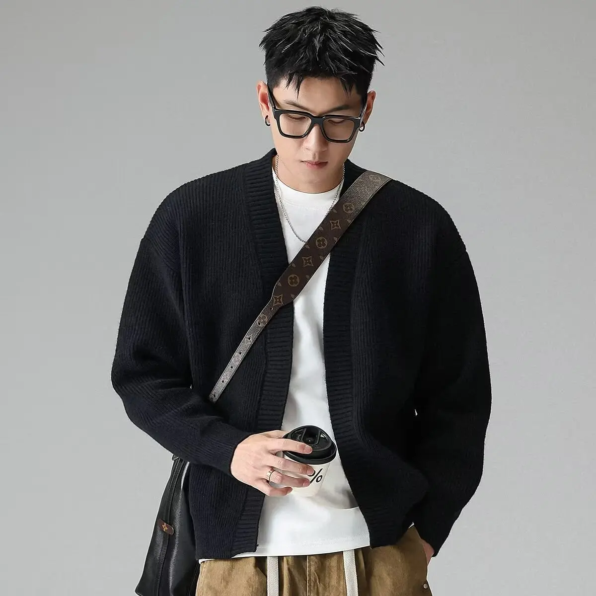 Pull tricoté décontracté V-Ne pour hommes Jaet oulder Cardigan ouvert couleur pure vêtements d'extérieur automne Faionable coupe ample polyester...