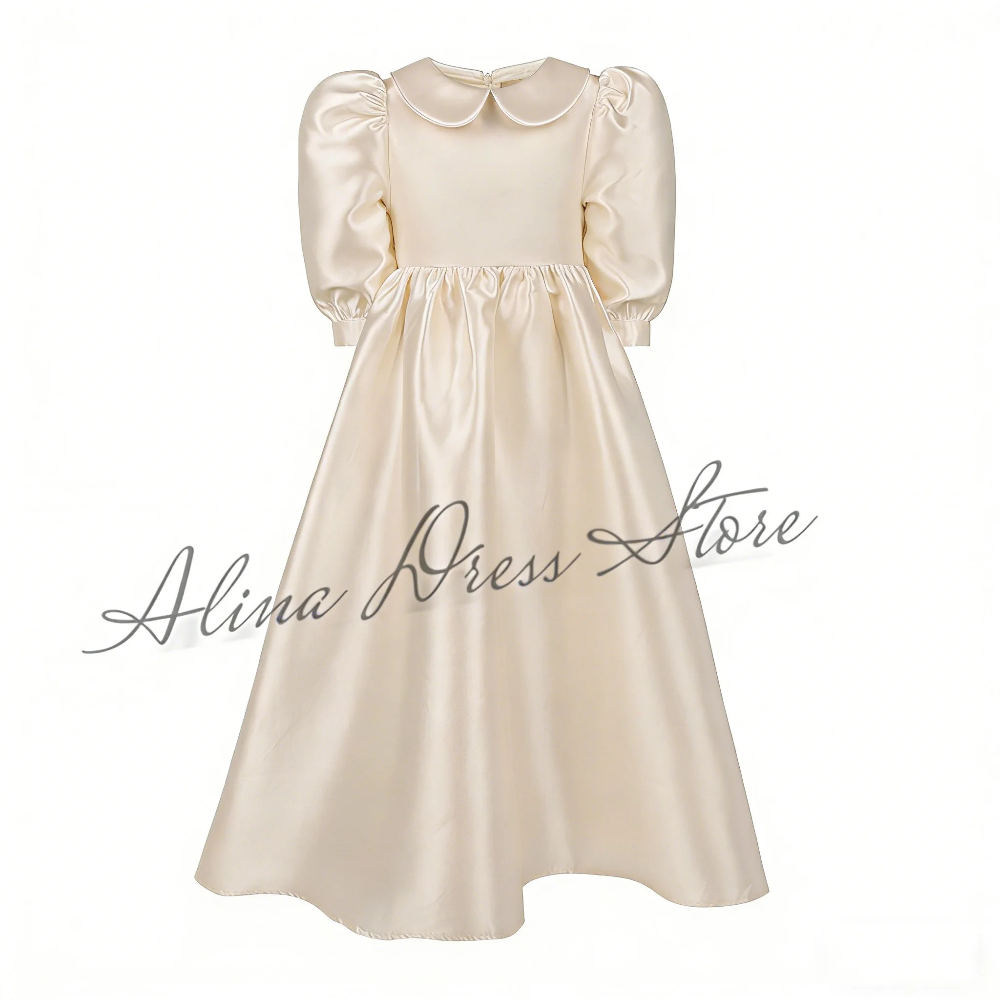 

Customized Champagne Puffy Flower Girl Dress For Wedding Doll Collar Satin 3/4 Sleeves First Communion Kids Birthday Party Gown