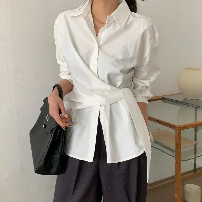 

Korean Style Lapel Single-breasted Strap Waist-cinching Long-sleeved Solid Color Commuting Office Shirt Top