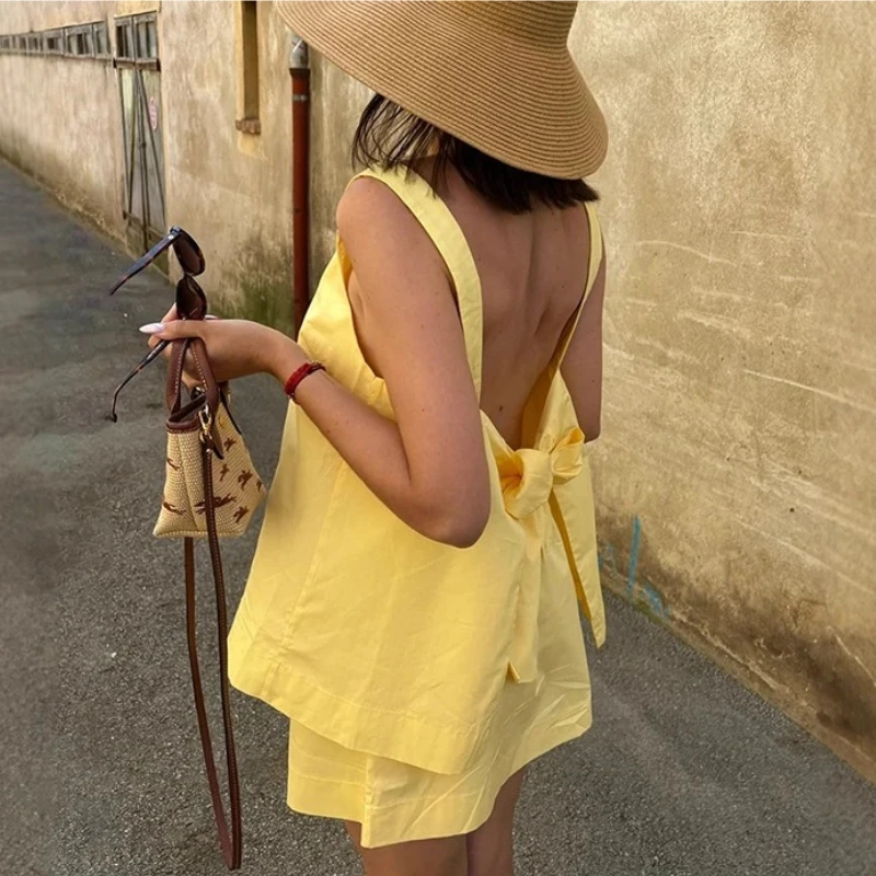 TARUXY Straps Top Skirt Set Women Summer New Sexy Slash Neck Sling Lace Up Backless Top Short Skirt Set Holiday Party Female Set