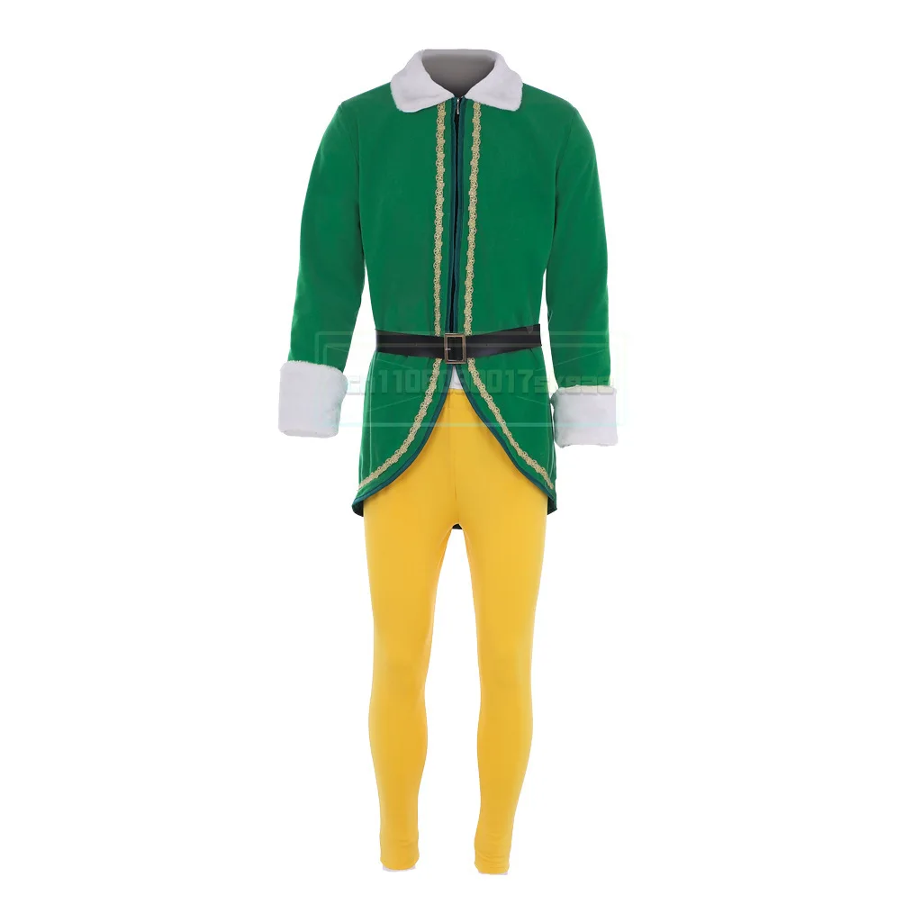 

Christmas Elf Cosplay Costume Movie Elf Buddy Green Santa Claus Costume Golden-Velvet Xmas Outfit with Hat Christmas Suit