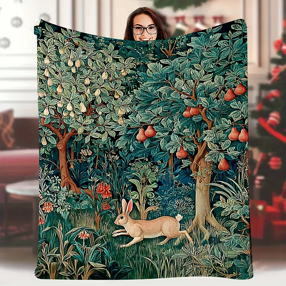 1pc Soft & Cozy Forest Scene Blanket - 60x80 Inch, Vintage William Morris Style with Bunny & Mushrooms Design, Multi-Purpose