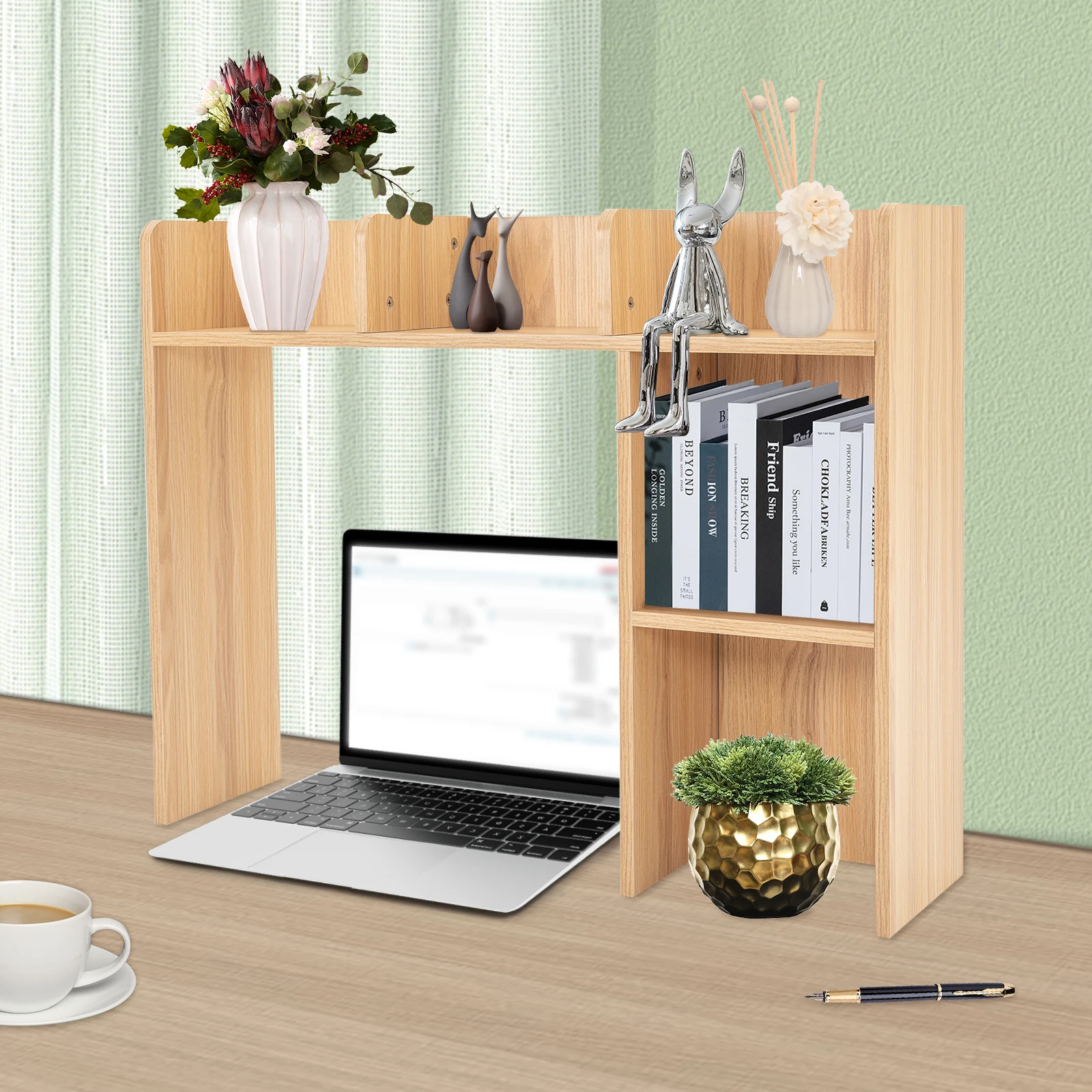 

Wooden Desk Bookshelf Organizer 37" Wide 5-Tier Desktop Storage Rack for Books, Office Supplies & Decor Easy DIY Assembly