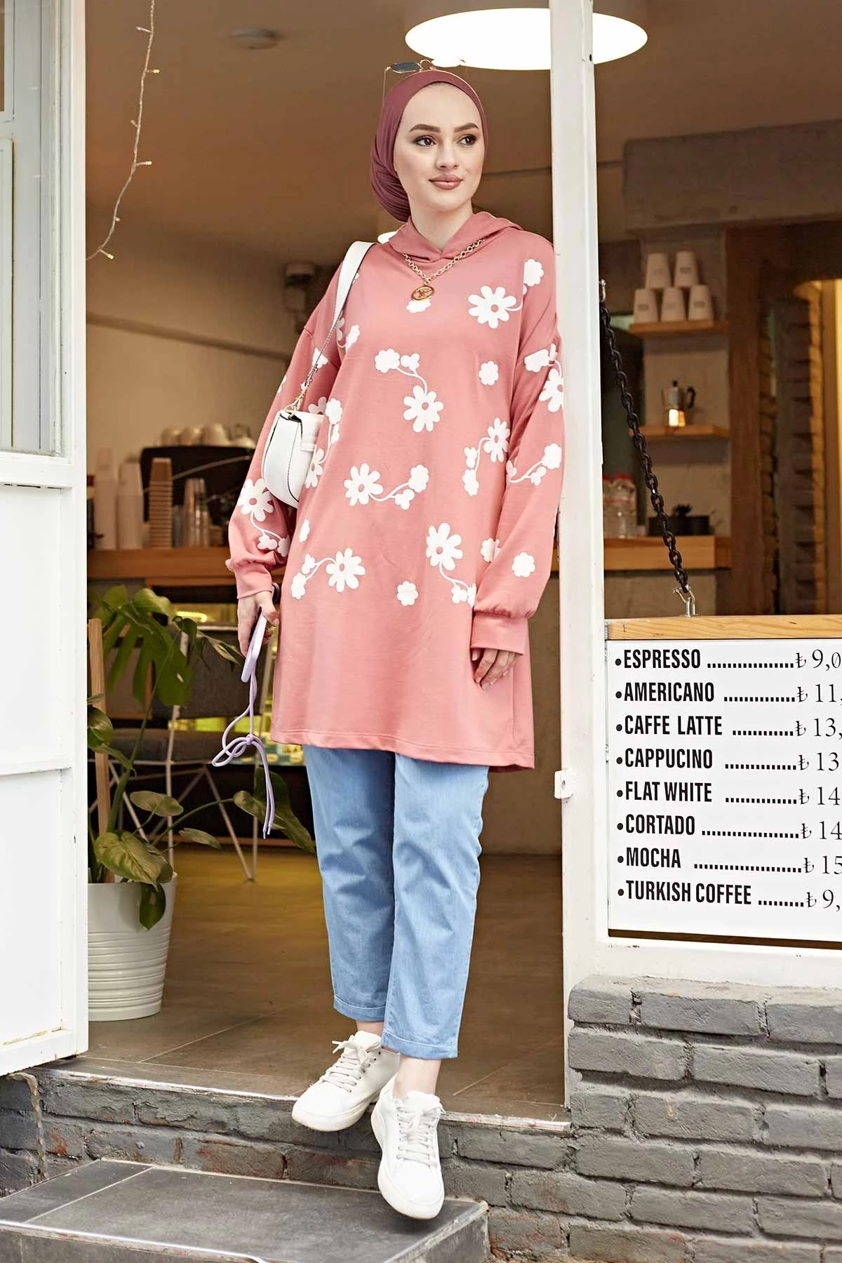 

Flower Pattern Hooded Sportswear Tunic NS-Dirty Pink