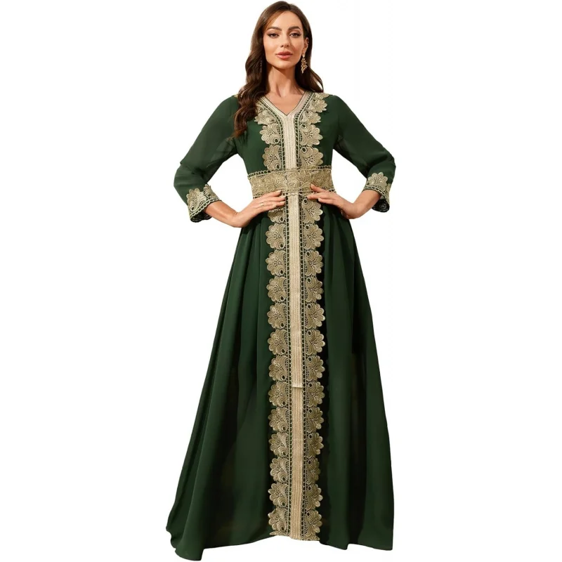 

Women Muslim Abaya Kaftan Dress Lace Ethnic Moroccan Dress Eid Prayer Clothes Arabian Maxi Robe
