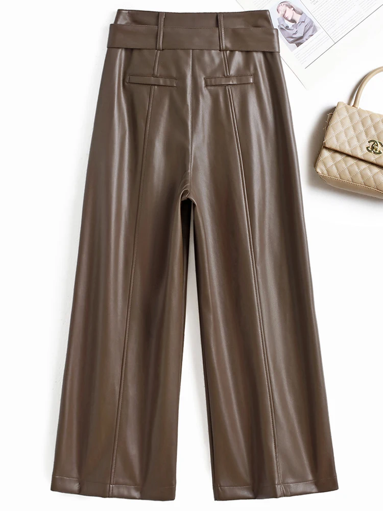 خريف شتاء NewHigh حزام خصر فضفاض عادية الكاحل طول بنطلون المرأة موضة بولي Leather الجلود تنوعا مستقيم الساق السراويل #4