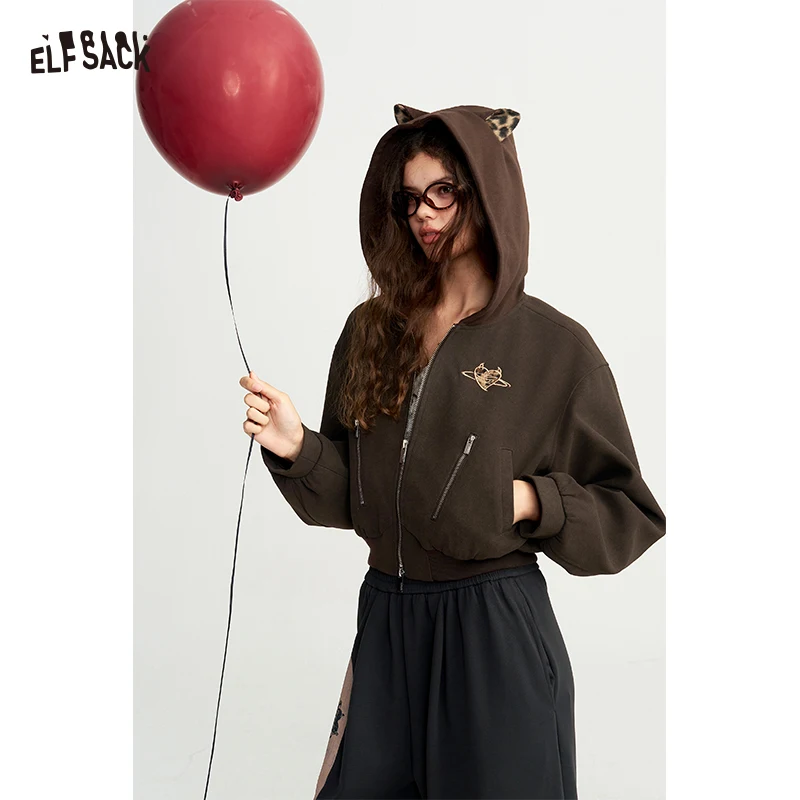 ELFSACK Women's Cropped Hooded Jacket with Graphic Print, Casual Zip Up Outerwear for Everyday, Chic Brown Short Coat
