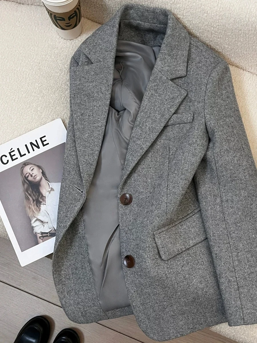 Gray Herringbone Woolen Suit Jacket Women's Commuter Casual Style Long Sleeve Button up Regular Length Polyester Fiber