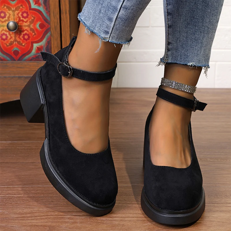 Suede Platform Women Mary Janes Shoes Shallow High Heels Pumps Autumn Fashion New Buckle Shoes 2024 Dress Party Mujer Zapatos