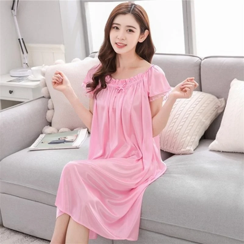 Summer  Womens Solid Color Sleepshirt Home Clothing Lace Ice Silk Long Nightdress Short Sleeve Loose sleepswear