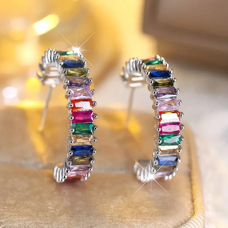Huitan Rainbow CZ Hoop Earrings for Women Statement Colorful Earrings Silver Color Daily Wear Exquisite Girs Accessories Jewelry