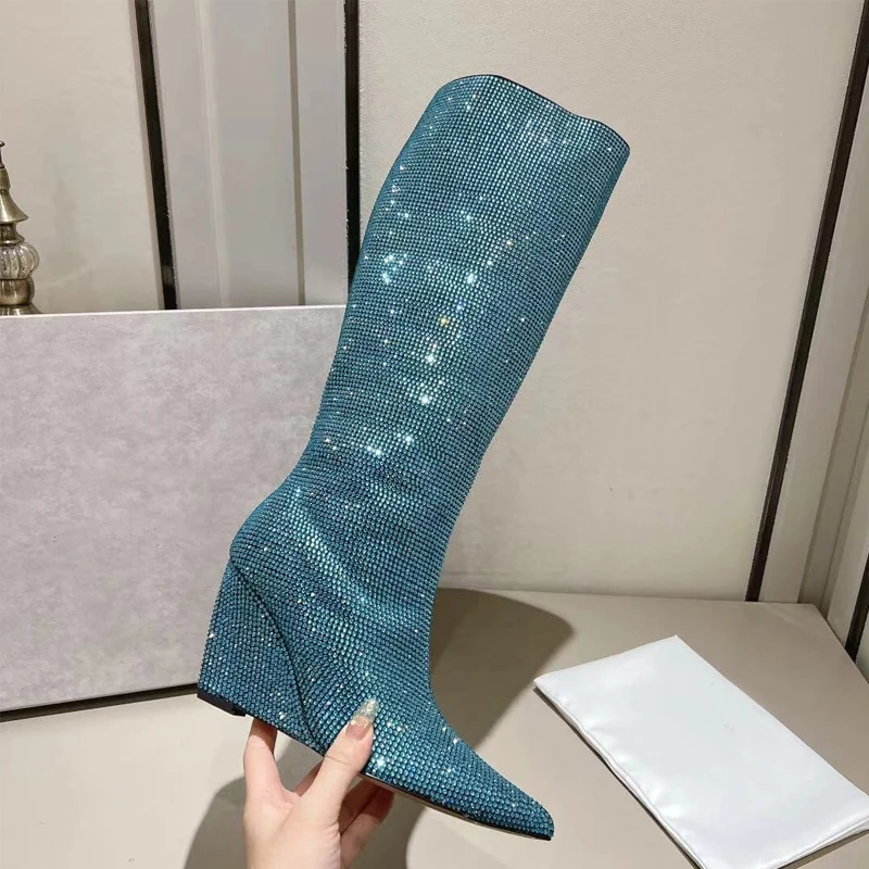 Blue Rhinestone Pointed Toe Wedge Knee-High Boots Woman Winter 2023 Black Silver Bling Sewing Thread Slip-On Shoes for Women