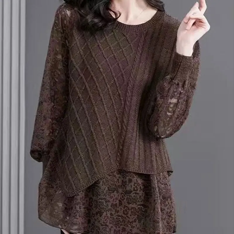 Fake Two Pieces Knitted Patchwork Shirt Female Clothing Fashion Lace Loose Spring Autumn Long Sleeve Vintage Solid Color Blouse