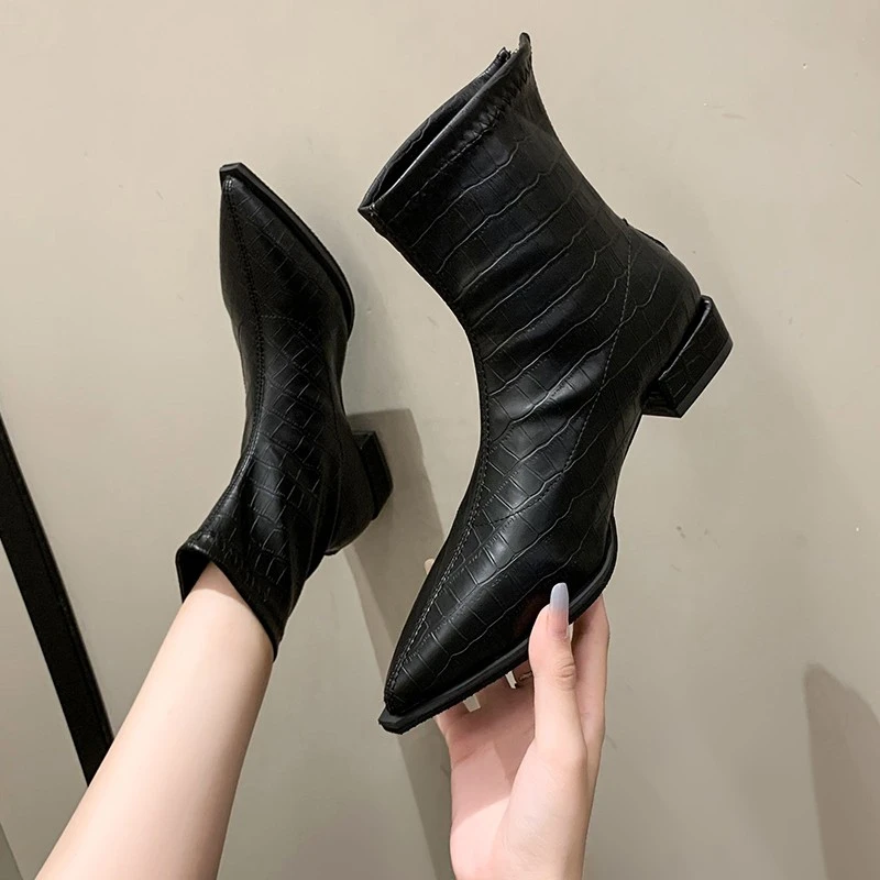 Women Boots 2022 New Ankle Boots Women Silver Black Back Zipper Short Boots Ladies Thick Chunky Medium Heel Biker Boot Shoes