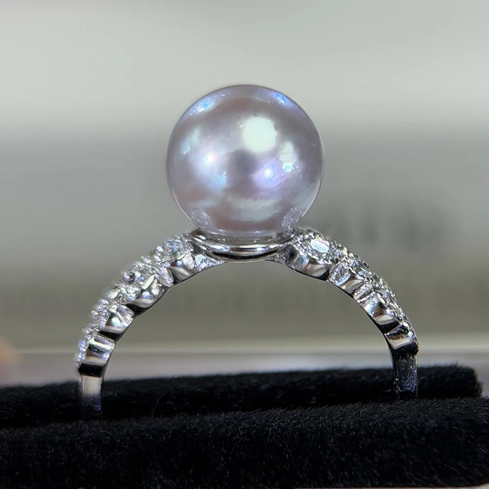 Dainty and Refined Design 8-9mm Aurora Seawater Akoya Pearl Ring Jewelry with Finely Crafted Adjustable 925 Sterling Silver Band