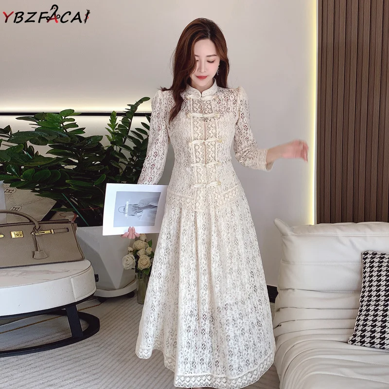 

Chinese Panelled Lace Skirt Set Women Luxury Elegant Long Sleeve White Lace Top + Umbrella Skirt 2 Pieces Set 2023 Gorgeous Set