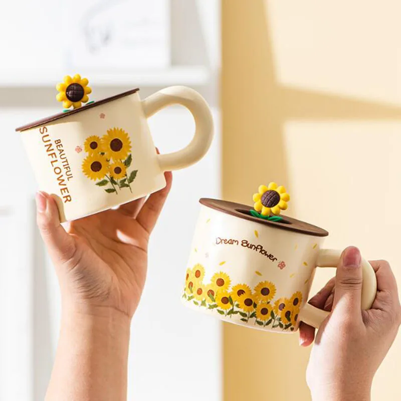 Creative Ceramic Sunflower Lid Breakfast Oats Milk Cup Coffee Mug Offce Household Kitchen Drinkware Water Cup