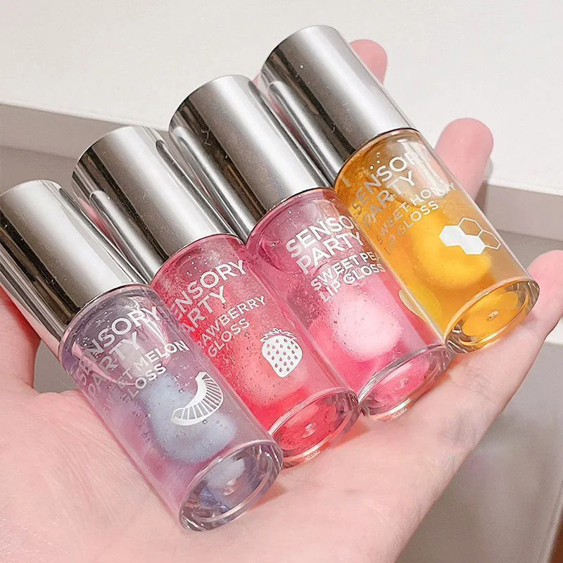 Aceite de labios de gelatina de cristal de fruta, abrigo de labios hidratante de melocotón para lápiz labial, brillo de labios de cristal transparente, maquillaje para el cuidado de los labios