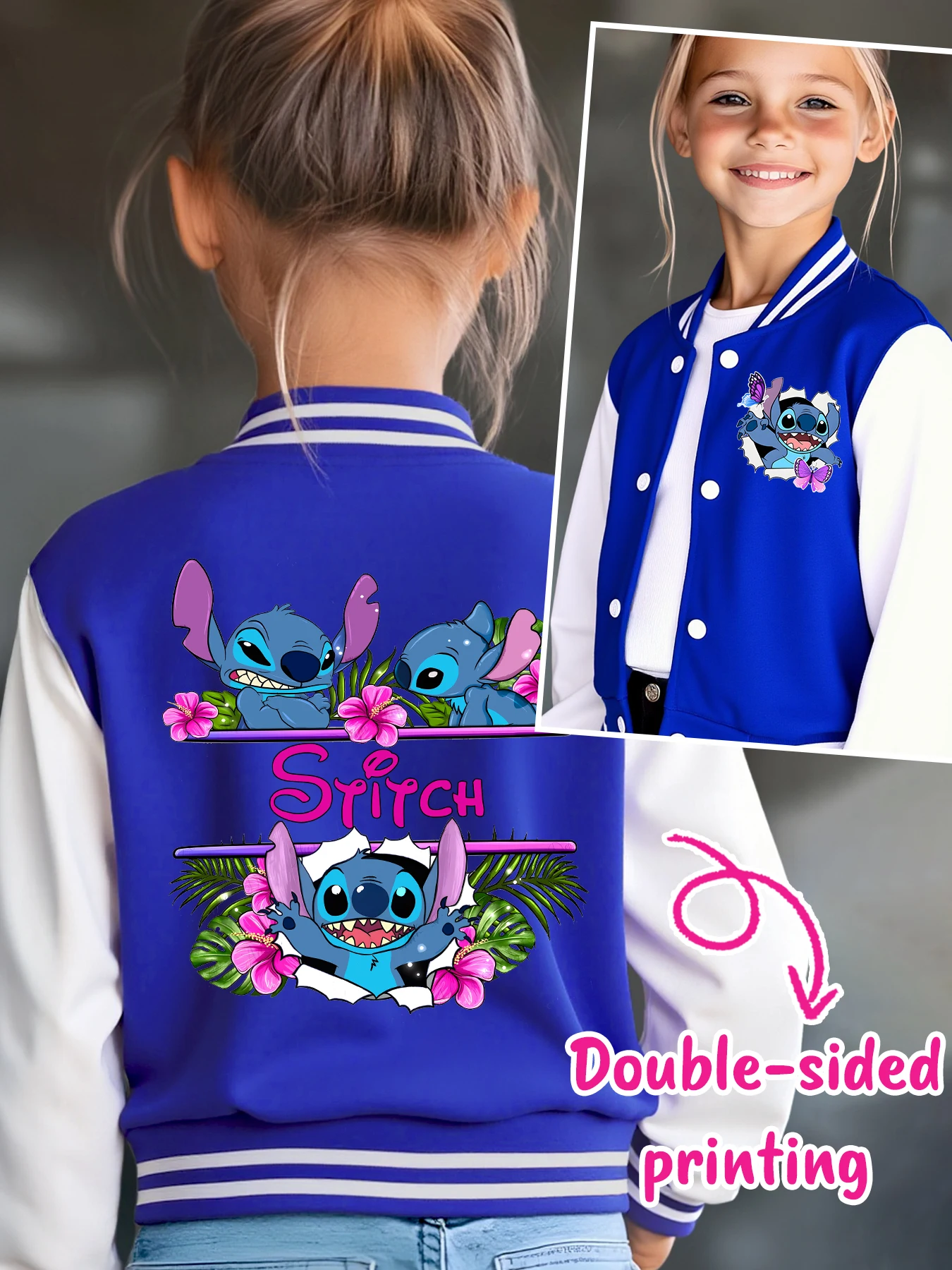 Disney fashion trend baseball jacket, suitable for daily sports and casual wear, printed with cute Stitch pattern, nice gift.