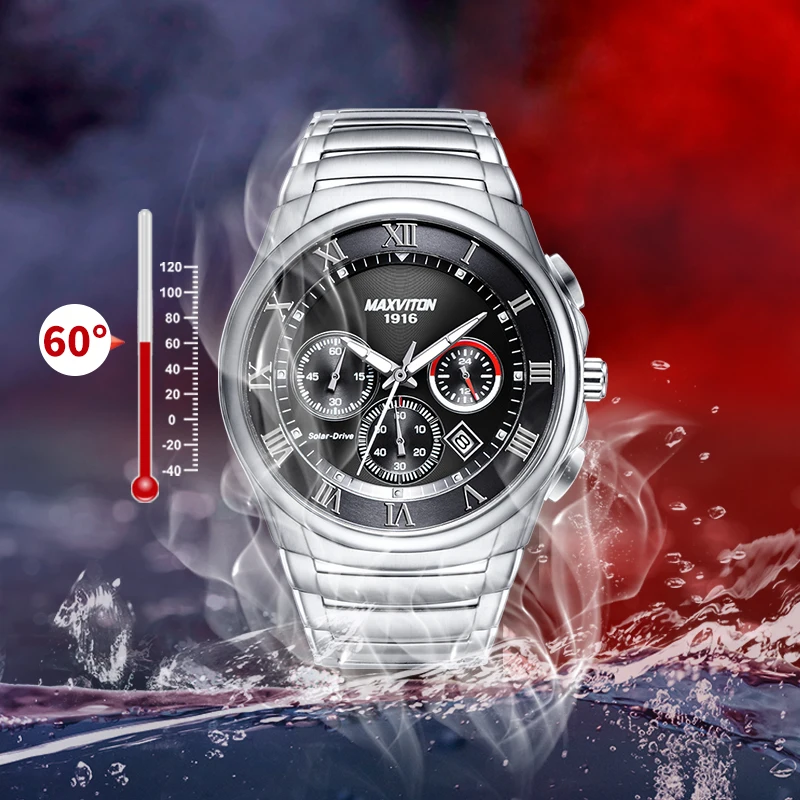 

MAXVITON Men's Solar Watch, Stainless Steel, Waterproof, Business & Casual Style, Genuine Men's Wristwatch, Eco-Drive Watch