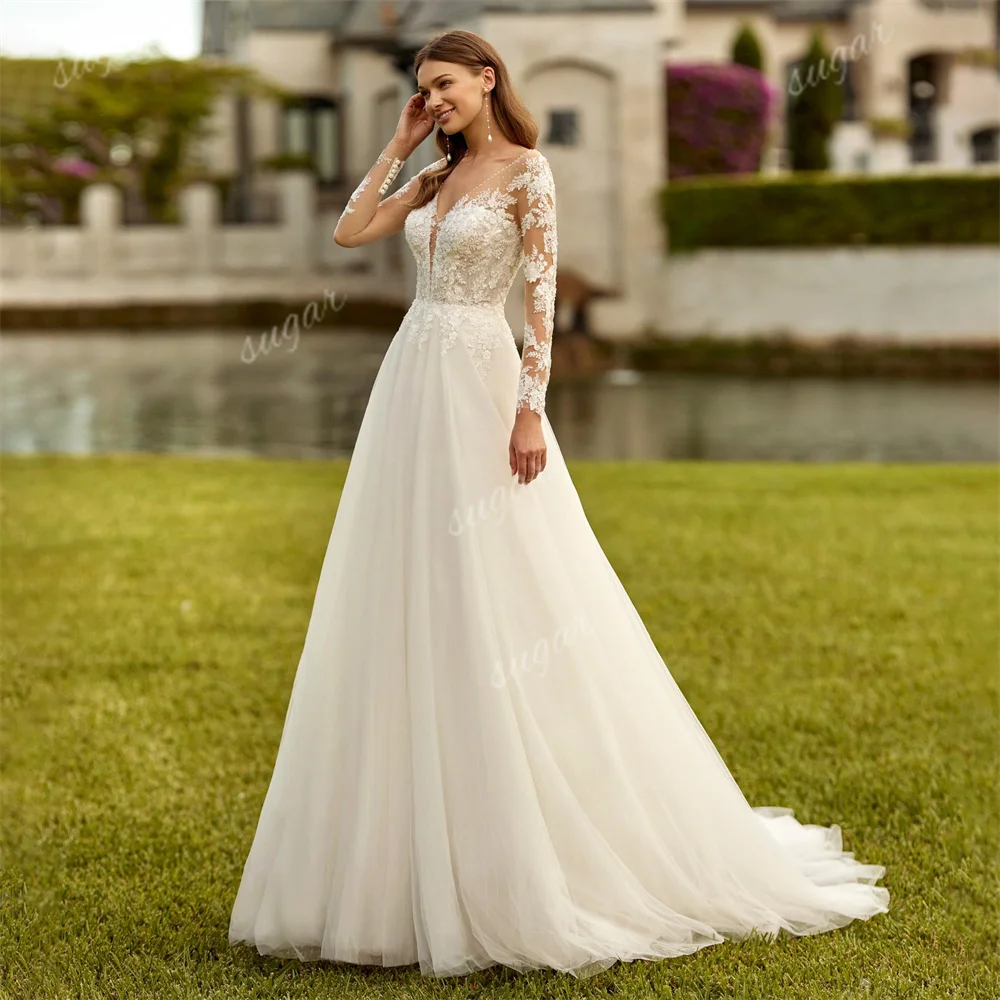 

Boho Modern Charming A Line Women's Wedding Dresses Lace Appliques Bride Gowns Button Illusion Full Sleeves Vestidos De Novia