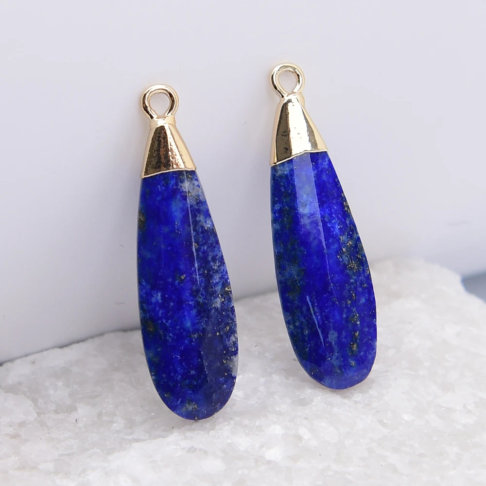 APDGG 5 Pcs Natural Blue Lapis lazuli Gold Plated Charms Teardrop Pendant For Necklace Jewelry DIY