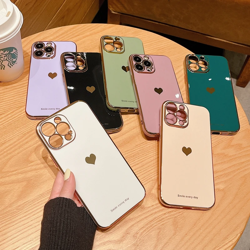 

Soft Love Heart Electroplated Case For iPhone 11 12 13 14 15 16 Pro Max XS Max X XR 15 16 Plus Mini Shockproof Silicone Cover