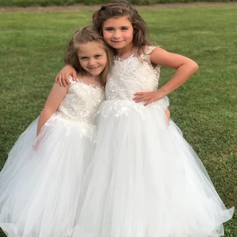 

White Flower Girl Dresses For Weddings Tulle Appliques Ball Gown Backless Toddler Pageant Gowns Birthday First Communion Dresses