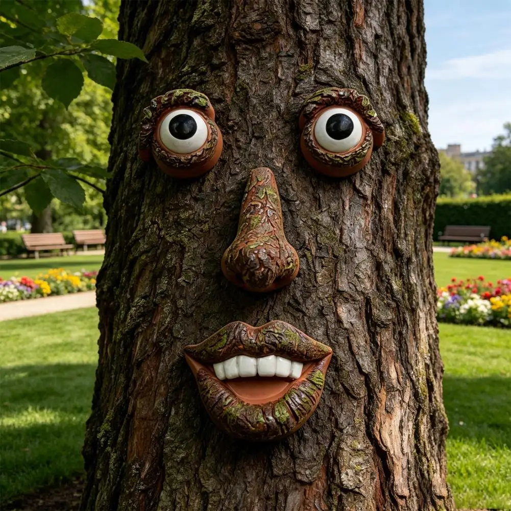 Tree Face Ornament Facial Features Outdoor Statues Resin Weather Resistant Garden Decoration for Yard Tree Stump