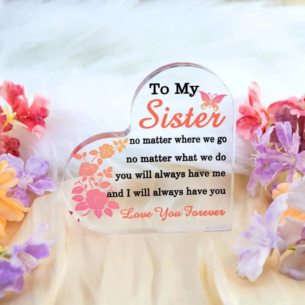 Heart Acrylic Plaque To My Sister Pink Rose Butterfly Table Decor Gift, Pink Rose Floral Butterfly Decor, Inspirational Tabletop Ornament Gift
