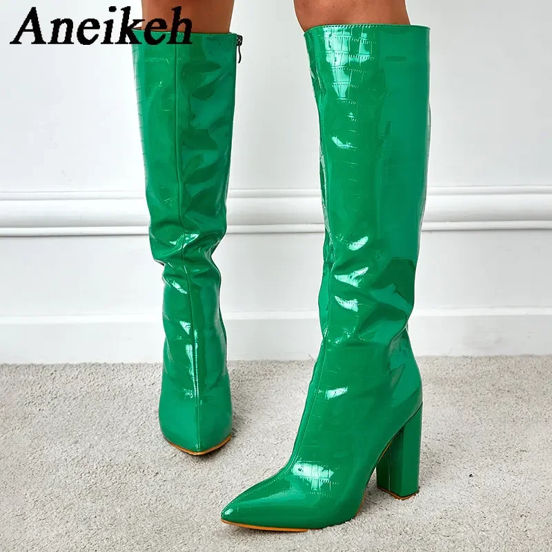 Aneikeh 2024 Women\'s Patent Leather Crocodile Pattern Knee-High Boots Spring/Autumn Pointed Thick Heel Sewing Side Zipper Boots