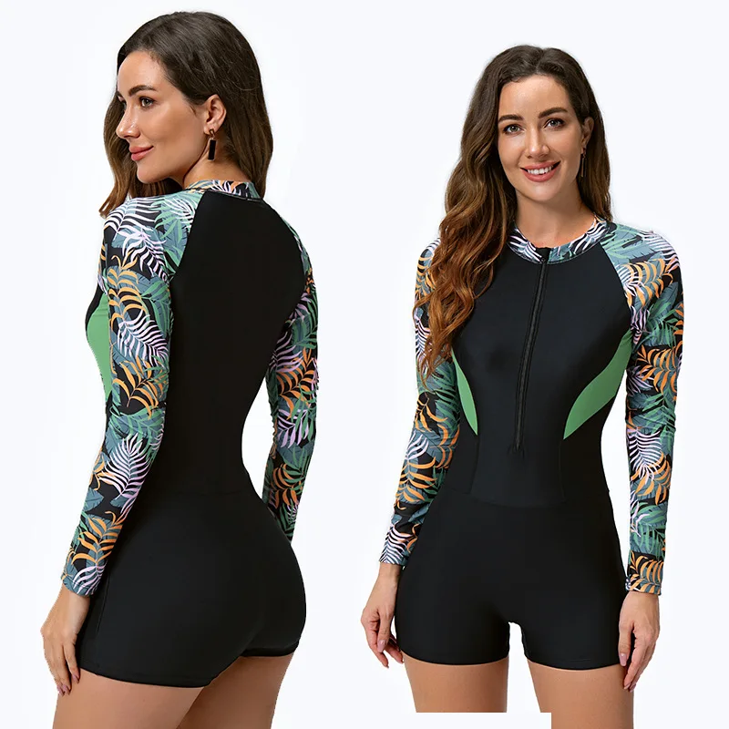 2026 New One Piece Swimsuit Women Floral Long Sleeve Swimwear Zipper Surfing Monokini Push Up Body Suit Beachwear Bathing Suit
