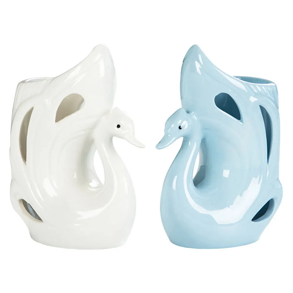 

2Pcs Ceramic Flower Vase Swan-Shaped Decorative White Blue Mini Adorable Home Office Balcony Living Room Decoration