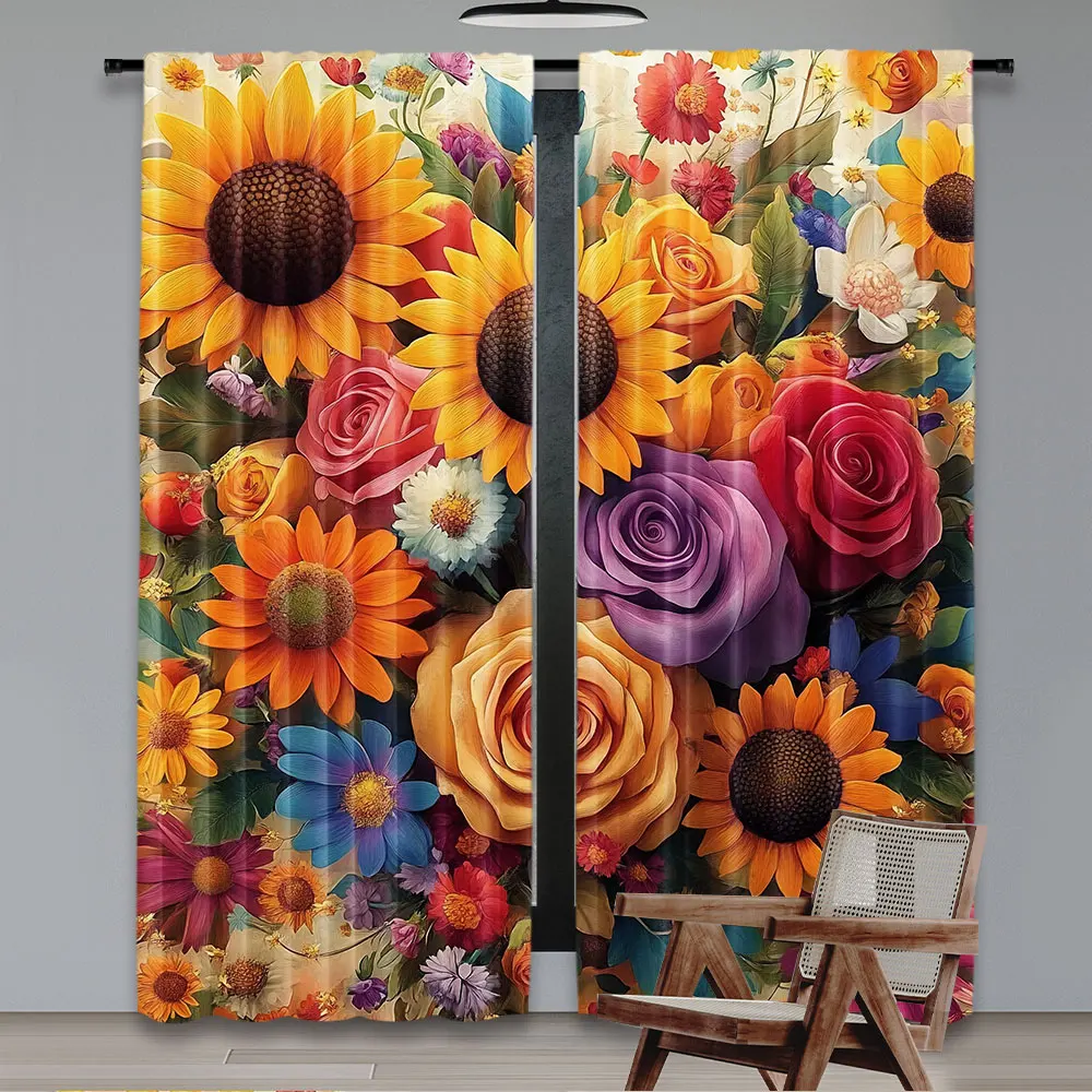 2Pcs Colorful Curtain Spring Happiness Of Farmhouse Concept Art Sunflower And Rose Huddles Suitable For Bedroom Bathroom Dining