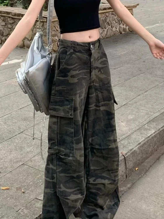 

Новые женские джинсы-карго в стиле ретро, камуфляжные, свободные, прямые, широкие штанины, больших размеров